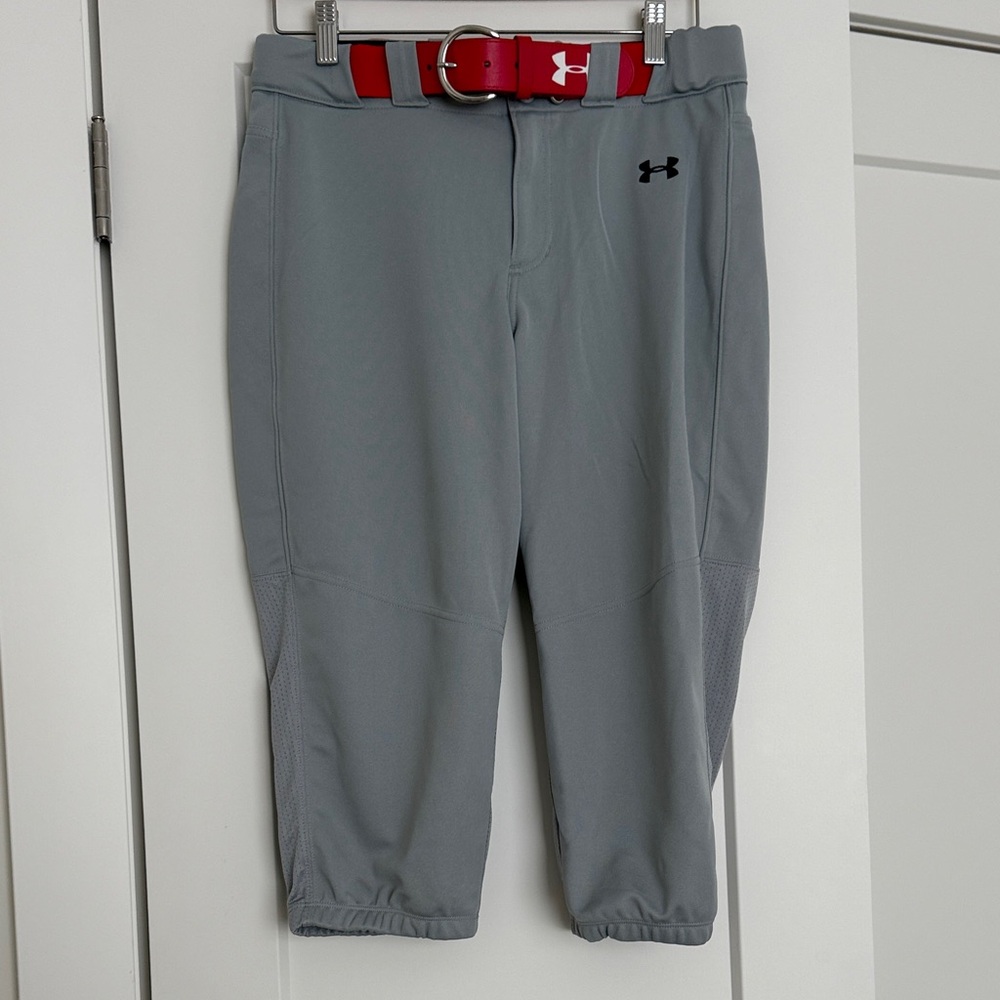 Under Armour Women’s Gray Softball Pants with Red Belt